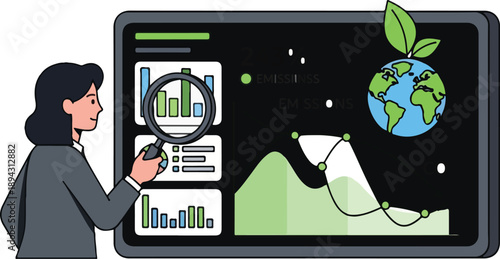 Woman analyzing global data trends on a large digital display with graphs and charts