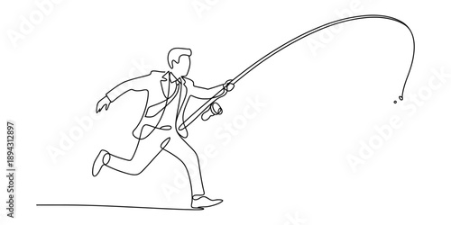 A man in a suit runs forward carrying a fishing rod, a continuous line drawing