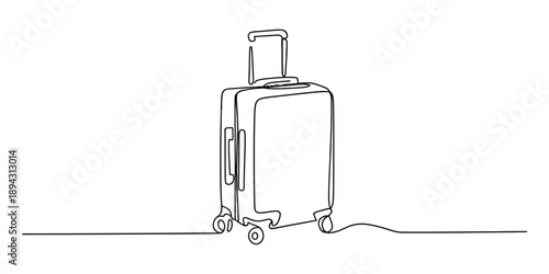 Continuous line art drawing of a rolling suitcase, symbolizing travel and adventure