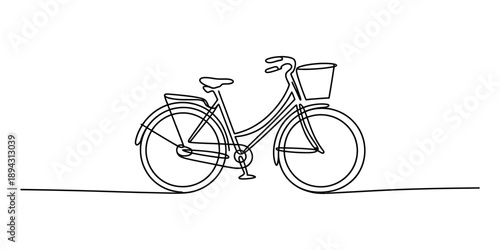 Continuous line drawing of a vintage style bicycle with a front basket and fenders