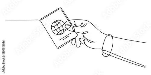 A single line drawing of a hand holding an international passport, symbolizing global travel and identification.