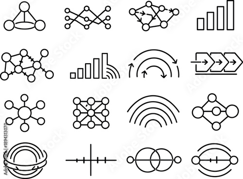 Line style vector icons of financial banking lending services: sync node, pattern line, flow mesh, variation bar, flow mesh,