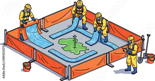 Workers in safety gear contain oil spill with barriers in an industrial setting