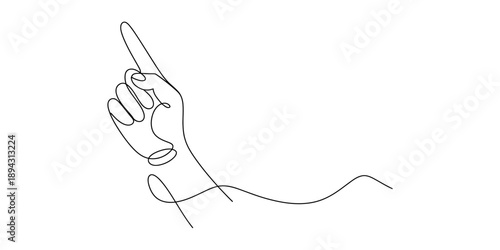 A minimalist continuous single line drawing of a human hand pointing up with the index finger