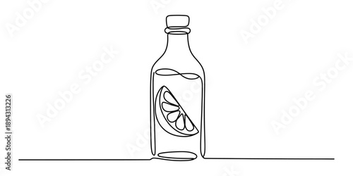 A minimalist continuous line art illustration of a glass bottle containing a slice of fresh lemon fruit