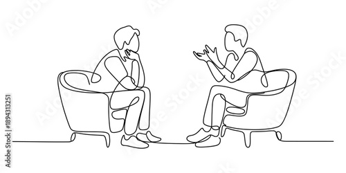 A continuous line drawing illustrating a conversation between two individuals in armchairs