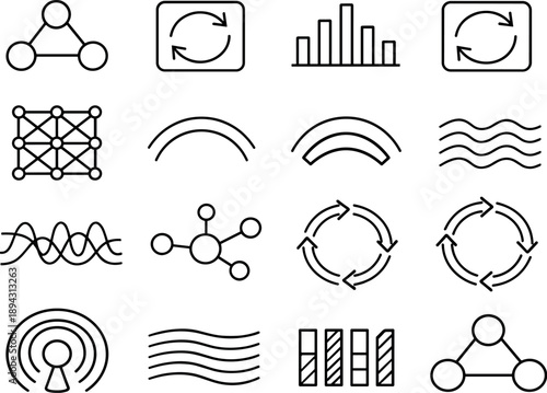 Cloud Storage Icons. Line style vector icons of cloud data storage infrastructure: flow node, feedback tile, pulse bar, feedback