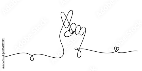 Minimalist one-line art illustration of a hand making the popular finger heart gesture