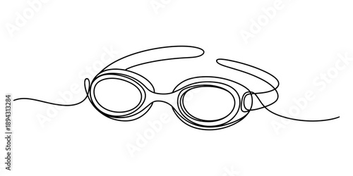Single continuous line art drawing illustrating a pair of swimming goggles for water sports