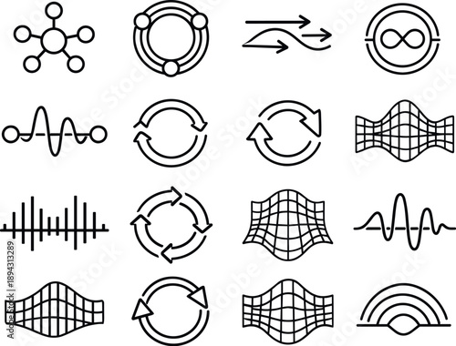 Line style vector icons of cloud data storage data lifecycle management: modulation node, variation ring, flow line, loop ring,