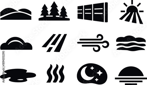 Solid vector icons of environmental elements: rolling hills, tree line, noise barrier, sunlight beam, cloud arc, rain streaks,