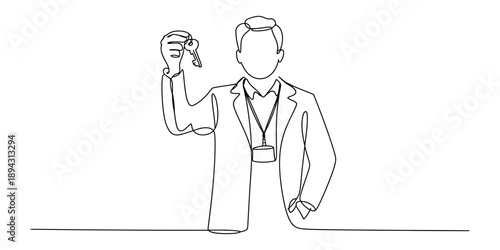 A continuous line drawing showing a man, possibly a real estate agent, holding a key