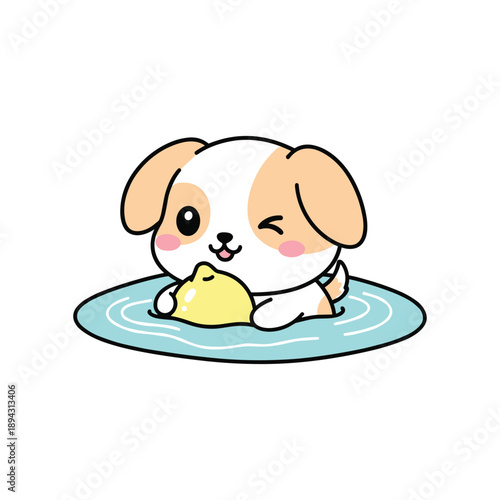 Cute cartoon beagle puppy sleeping peacefully on water lily pad in pond illustration