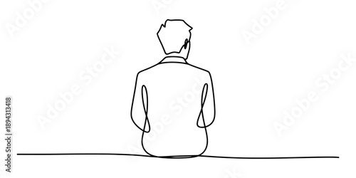 Continuous line art drawing of a man sitting and looking away, isolated on white background
