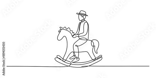 Continuous line drawing of an adult figure riding a rocking horse toy, evoking childhood nostalgia.