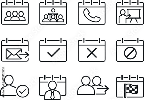 Vector Meeting Icons. Line style vector icons of meeting calendar icons: meeting, conference, call, briefing; invite, accept,