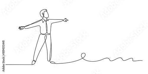 Minimalist one continuous line drawing of a standing man with arms wide open