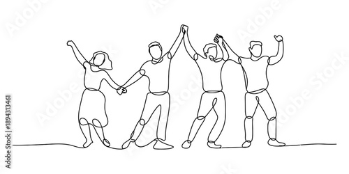 Continuous line drawing of a group of friends celebrating unity and teamwork