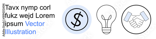 Business growth, innovation, finance, partnerships, creative solutions, collaboration. Minimalist icons a dollar sign, light bulb and handshake. Finance and innovation concept