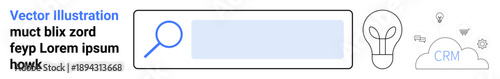 Digital marketing, CRM systems, business tools, innovation, data search, cloud solutions. Search bar with magnifying glass, light bulb cloud with CRM text. Digital marketing and CRM systems concept