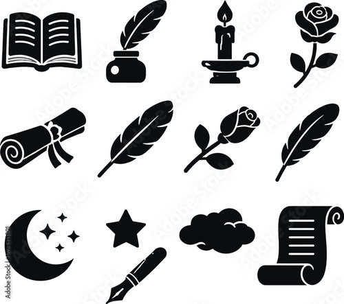 Solid vector icons of poetic imagery: open book, quill, ink bottle, candle, scroll, feather, rose, moon, star, cloud, parchment,