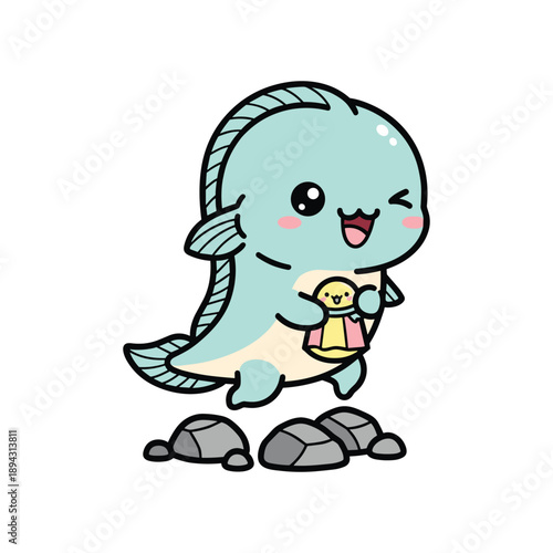 Cute cartoon axolotl mascot holding baby chick on rocks happy cheerful character illustration
