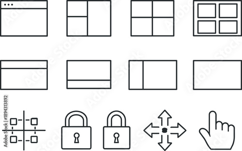 Line style vector icons of interface grid icons: panel, block, tile, module; header, footer, sidebar, content; snap, lock, move,