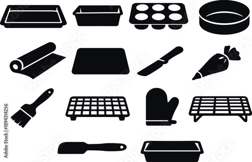 Solid vector icons of baking kitchen tools: baking tray, loaf pan, muffin tin, cake pan, parchment paper, silicone mat, icing