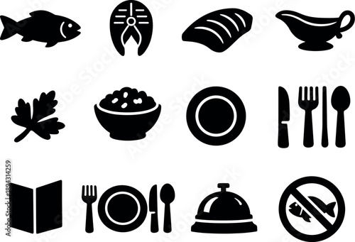 Solid vector icons of fish restaurant menu: whole fish, fish steak, fish fillet, sauce boat, garnish leaf, side dish, dinner