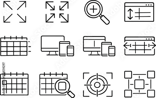 Line style of dynamic calendar layout icons: expand, collapse, zoom, scroll; flexible grid, adaptive view, responsive, fluid;