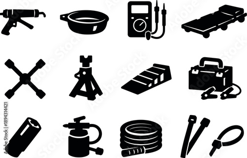 Solid vector icons of auto repair: grease gun, oil pan, multimeter, creeper, tire iron, jack stand, car ramp, battery charger,