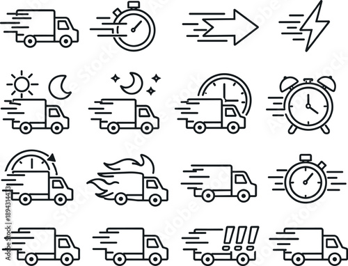 Line style icons of express courier: express, fast, urgent, priority; lightning, stopwatch, arrow, speed; same day, overnight,