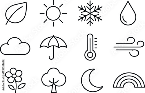 Line style icons of Seasonal living: Leaf, Sun, Snowflake, Raindrop; Cloud, Umbrella, Thermometer, Wind; Flower, Tree, Moon,