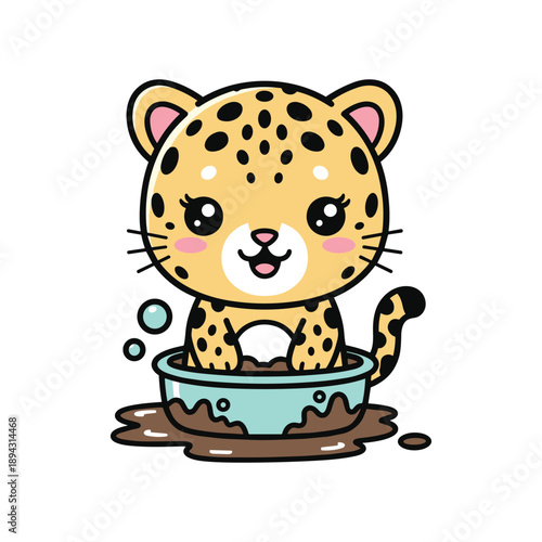 Cute cartoon jaguar cub splashing happily in blue muddy puddle playful wildlife animal illustration