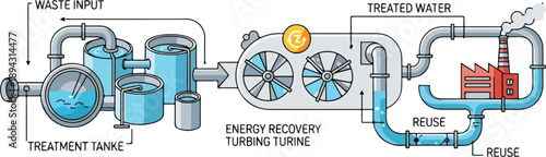 Industrial wastewater treatment process diagram illustrating energy recovery turbine and reuse system