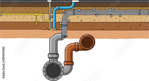 Detailed illustration of plumbing system installation under the floor with pipes and fittings