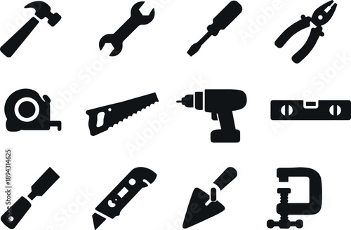 Solid vector icons of construction tools: hammer, wrench, screwdriver, pliers, tape measure, saw, drill, level, chisel, utility