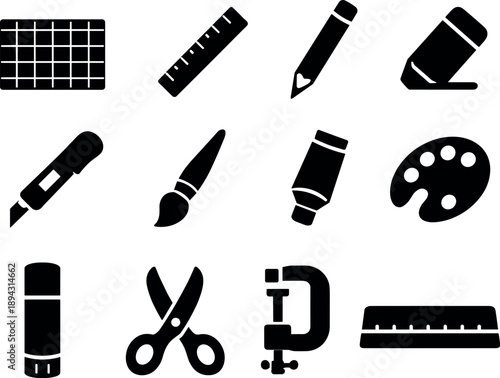 Crafting Tools Icons. Solid vector icons of crafting tools: cutting mat, ruler, pencil, eraser, craft knife, brush, paint tube,