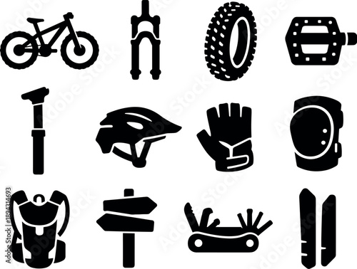 Solid vector icons of mountain biking: mountain bike, suspension fork, knobby tire, flat pedal, dropper post, trail helmet, glove