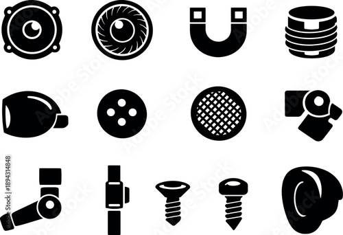 Solid vector icons of headphone components: driver unit, diaphragm, magnet, voice coil, acoustic chamber, vent hole, mesh grill,