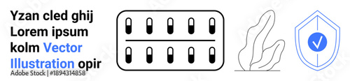 Healthcare, security, medication, pharmaceutical design, health safety, abstract concepts. Pill capsules, shield with checkmark and line-art plant. Healthcare and security concepts for modern usage