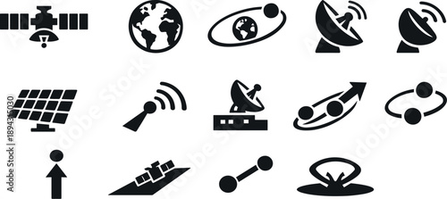Solid vector icons of satellite orbit: satellite, earth globe, orbital path, antenna dish, solar panel, communication beam,