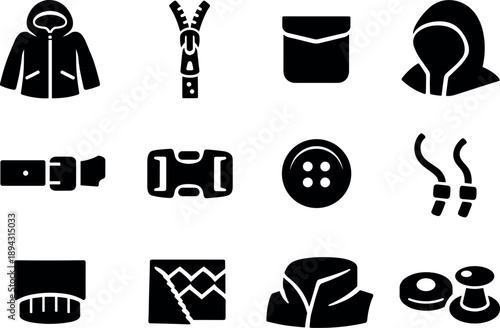 Functional Jacket Icons. Solid vector icons of functional jacket: rain jacket, zipper, pocket, hood, strap, buckle, button,