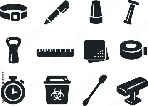 Solid vector icons of injection procedure: tourniquet, skin marker, needle cap, plunger rod, vial opener, measuring ruler, gauze