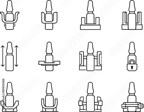 Line style of ampoule fixation system icons: snap holder, clip, slot, groove; alignment guide, center support, stopper, lock;