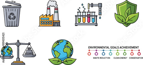 Environmental icons illustrating eco-friendly goals and achievements in a graphic representation