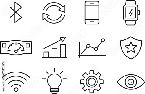 Line style vector icons of smart fitness band: bluetooth, sync, smartphone, app; dashboard, chart, trend, score; connectivity,