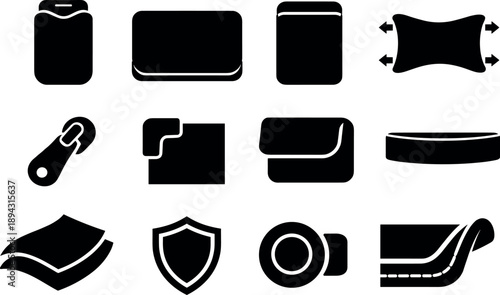 Elastic Cover Icons. Solid vector icons of elastic cover: phone sleeve, laptop case, tablet sleeve, stretch fabric, zipper pull,