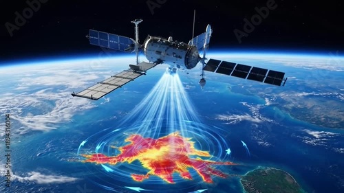 A satellite in space is transmitting signals to Earth in a video about technology