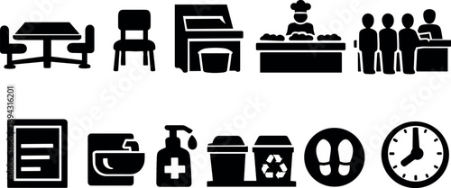 Solid vector icons of school dining environment: cafeteria table, chair, tray return area, serving counter, lunch line, menu